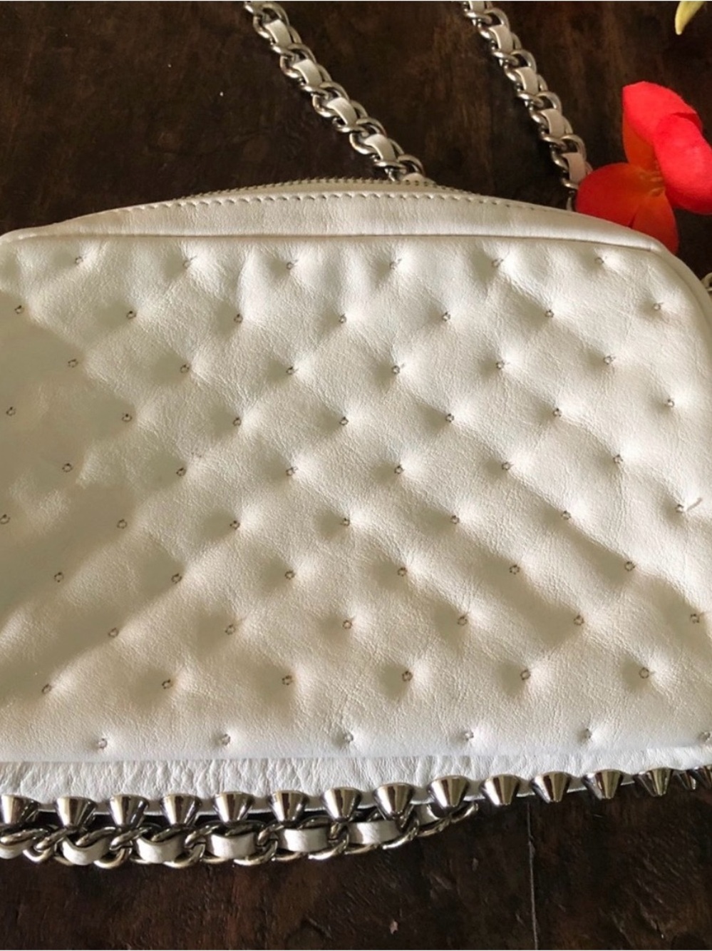 Rebecca Minkoff White Studded Leather Crossbody with Silver Chain - Picture 2 of 7